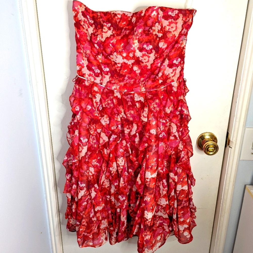 Strapless pink and red ruffle dress, size 4